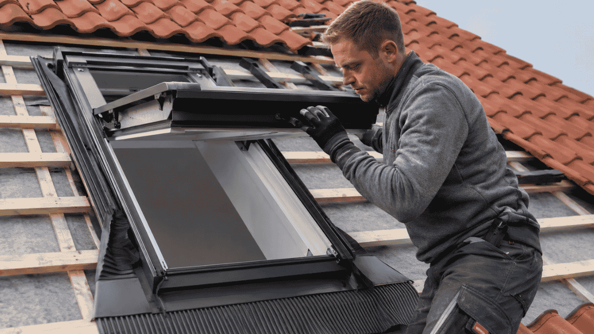 Werkgebied VELUX dakraam plaatsen met professionele montage van een VELUX dakraam op een schuin pannendak.
